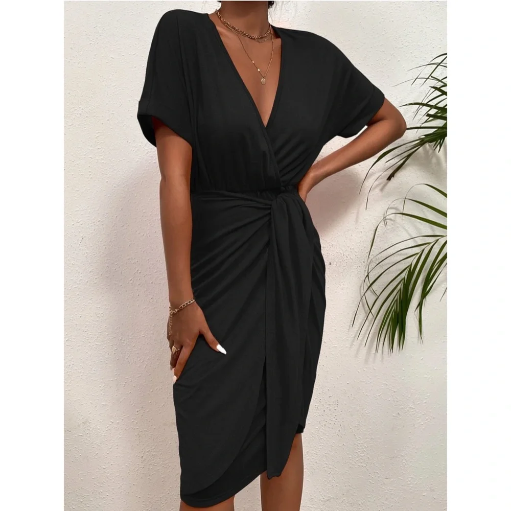 Black V-Neck Short Sleeve Tie Front Skirt Dress - Picture 5 of 7